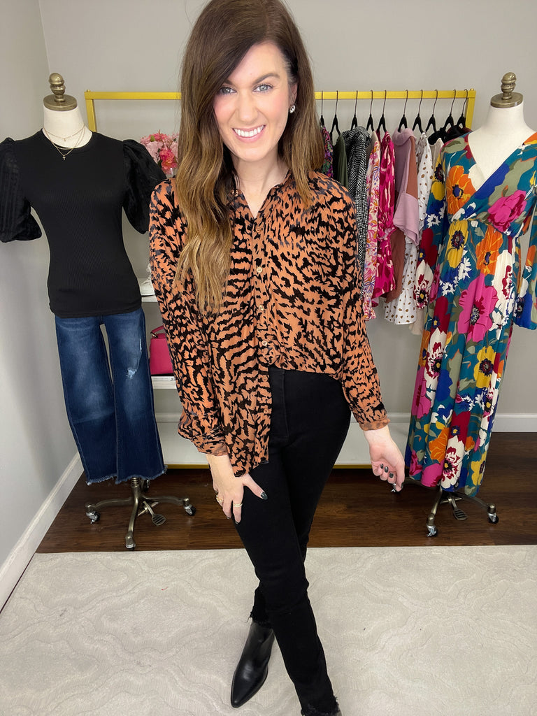 SALE! Worth the Chase Velvet Burnout Button Down in Taupe *Final Sale*