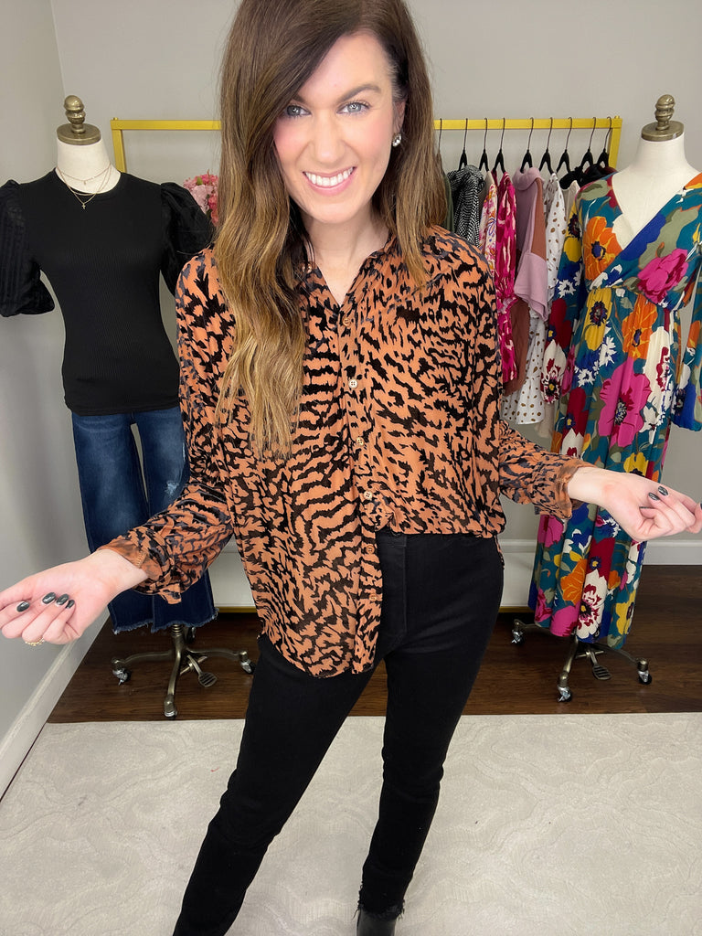 SALE! Worth the Chase Velvet Burnout Button Down in Taupe *Final Sale*