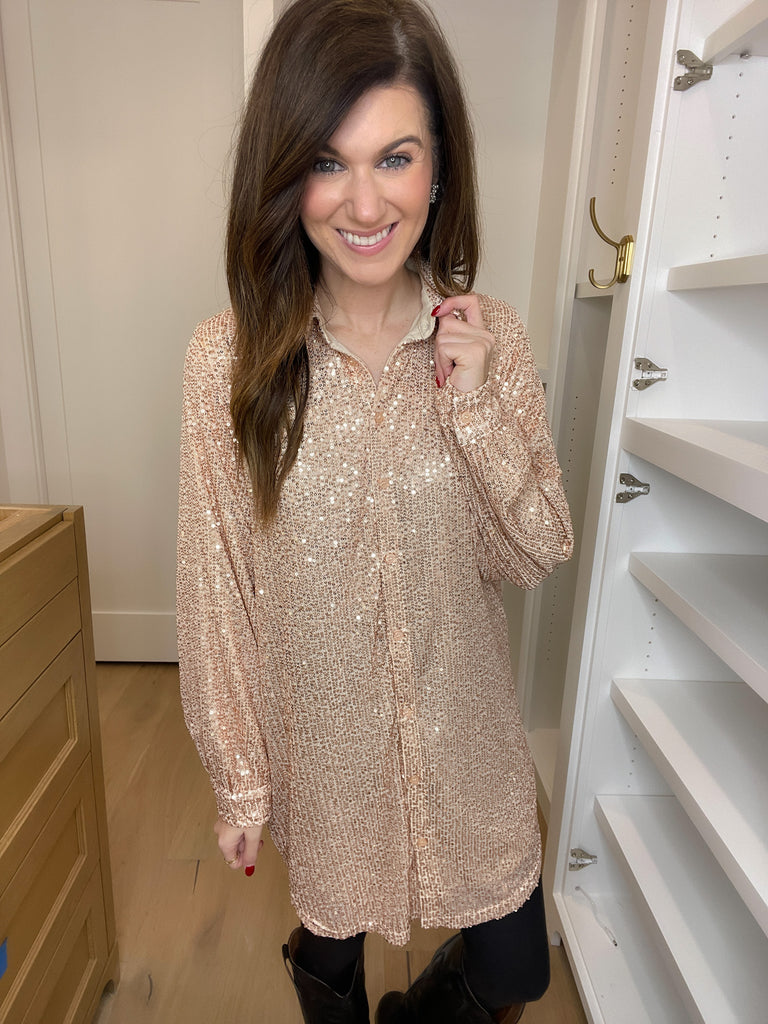 All That Glitters Sequin Shirt Dress