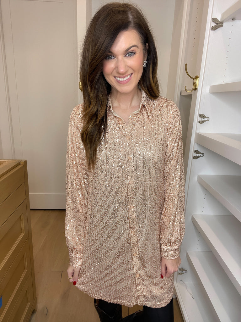 All That Glitters Sequin Shirt Dress