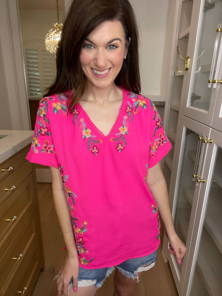 *BELLES & DOORBUSTER* Sayulita Embroidered Top in Hot Pink *Final Sale*
