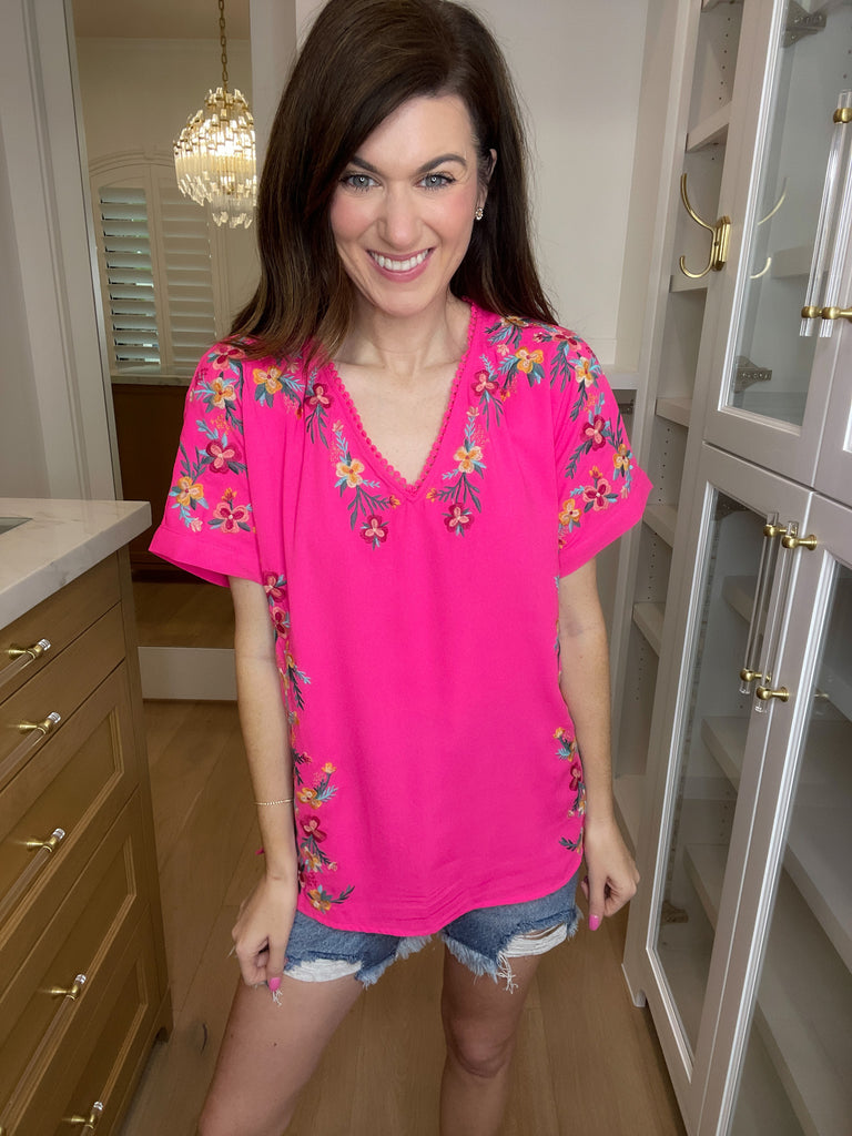 *BELLES & DOORBUSTER* Sayulita Embroidered Top in Hot Pink *Final Sale*