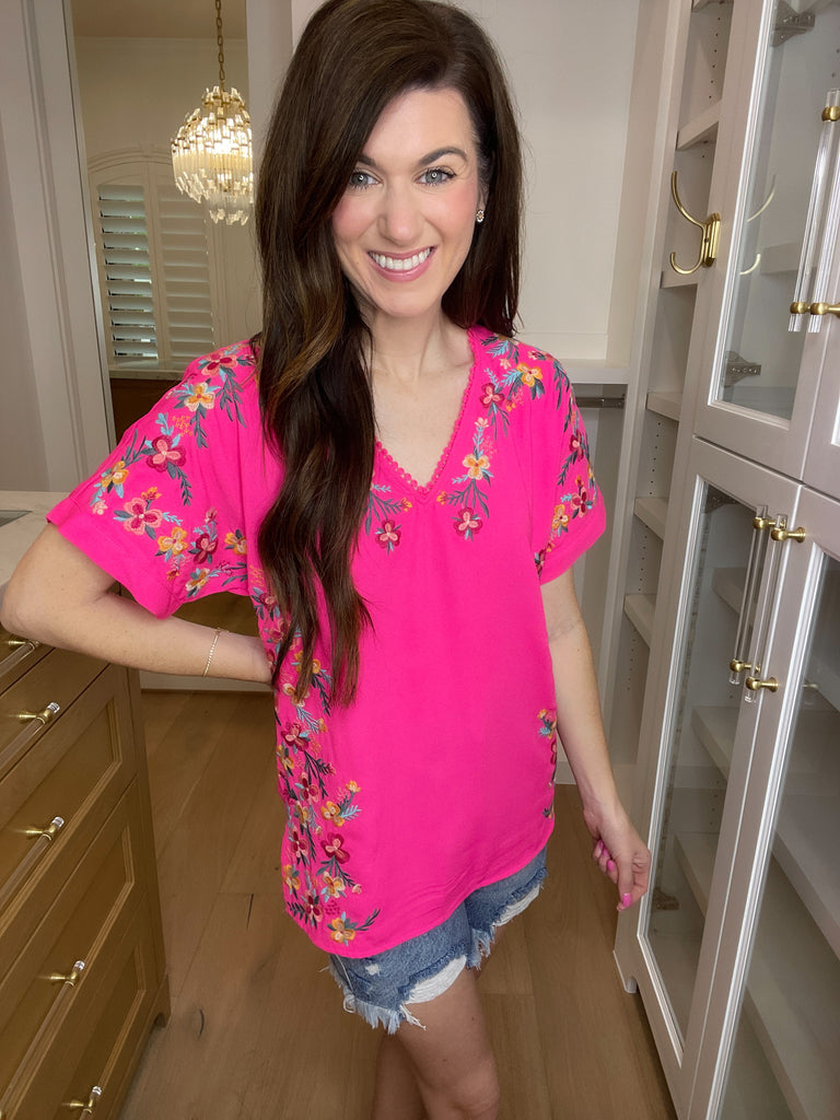 *BELLES & DOORBUSTER* Sayulita Embroidered Top in Hot Pink *Final Sale*