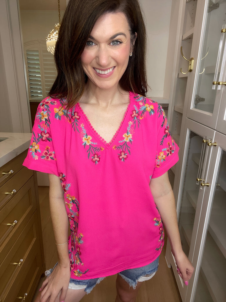 *BELLES & DOORBUSTER* Sayulita Embroidered Top in Hot Pink *Final Sale*