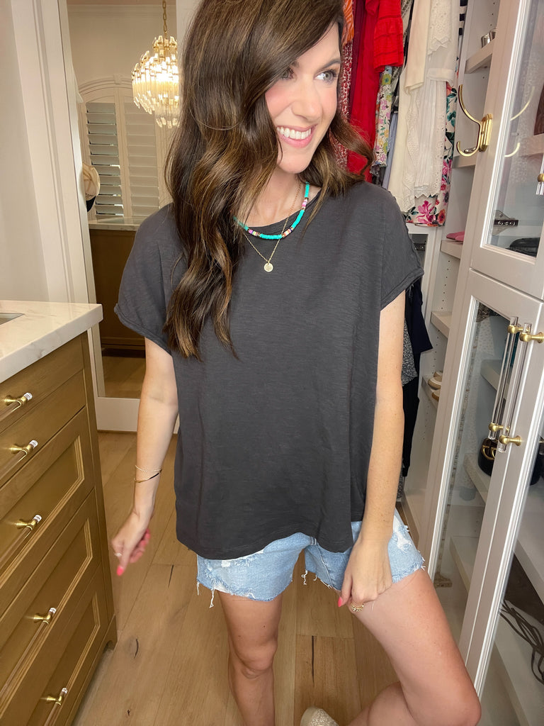 Casual Convo Exposed Seam Top in Charcoal and Sage