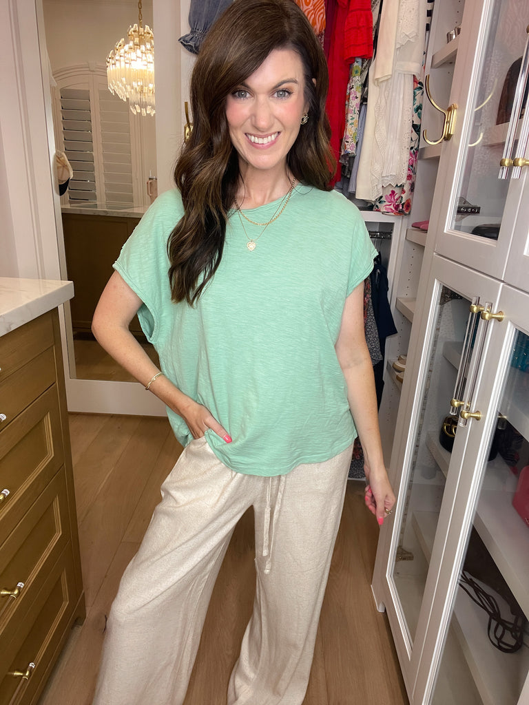 Casual Convo Exposed Seam Top in Charcoal and Sage