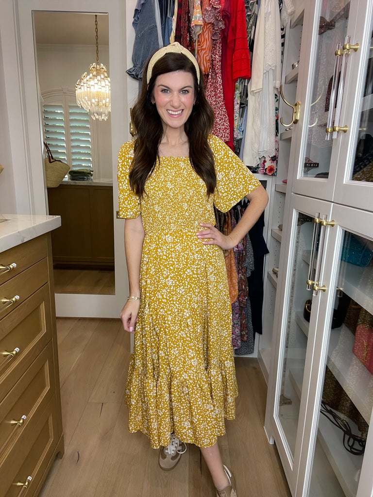 Autumn Blooms Smocked Midi Dress