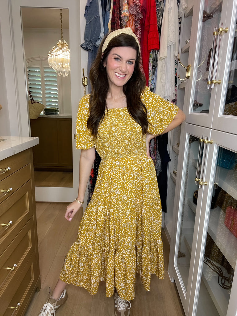 Autumn Blooms Smocked Midi Dress