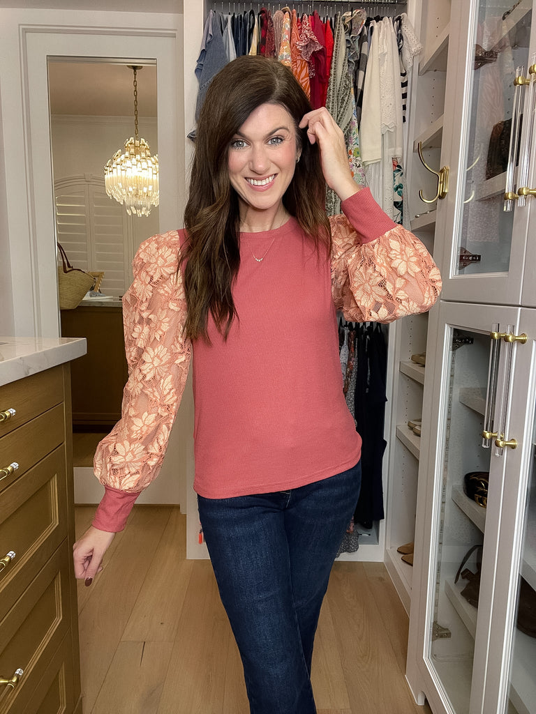 Warm Heart Lace Sleeve Top in Mauve