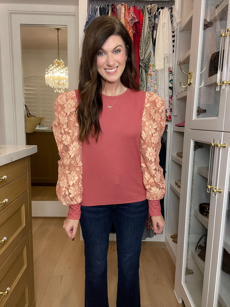 Warm Heart Lace Sleeve Top in Mauve
