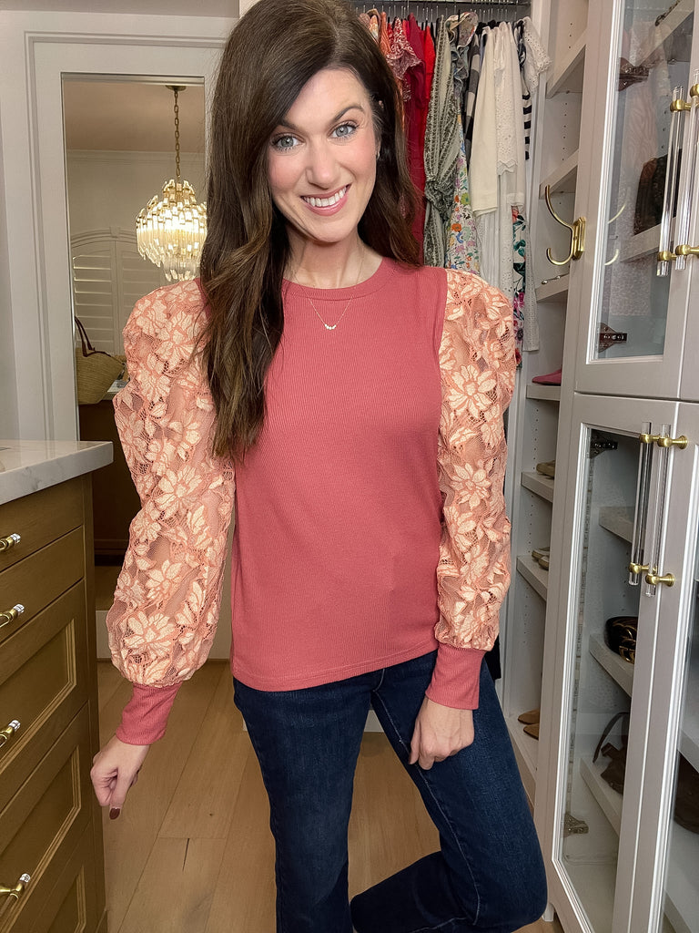 Warm Heart Lace Sleeve Top in Mauve