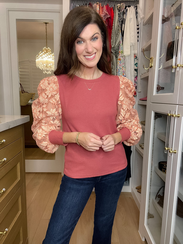Warm Heart Lace Sleeve Top in Mauve