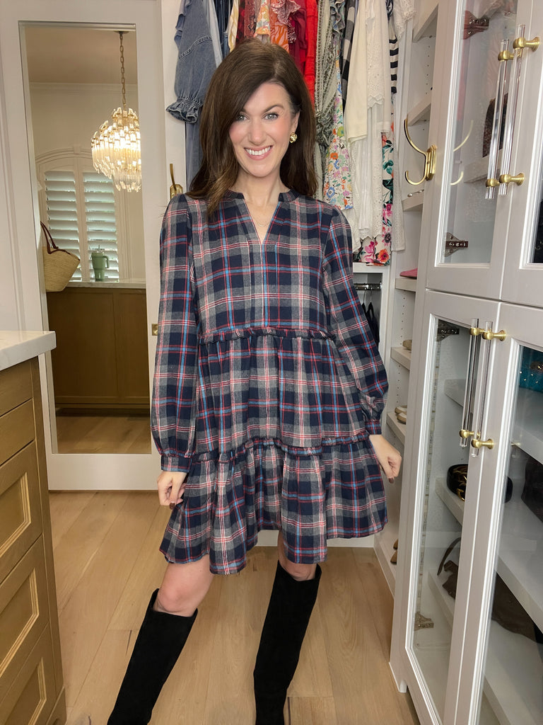 Warm Welcome Plaid Dress in Navy