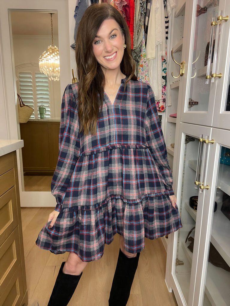 Warm Welcome Plaid Dress in Navy