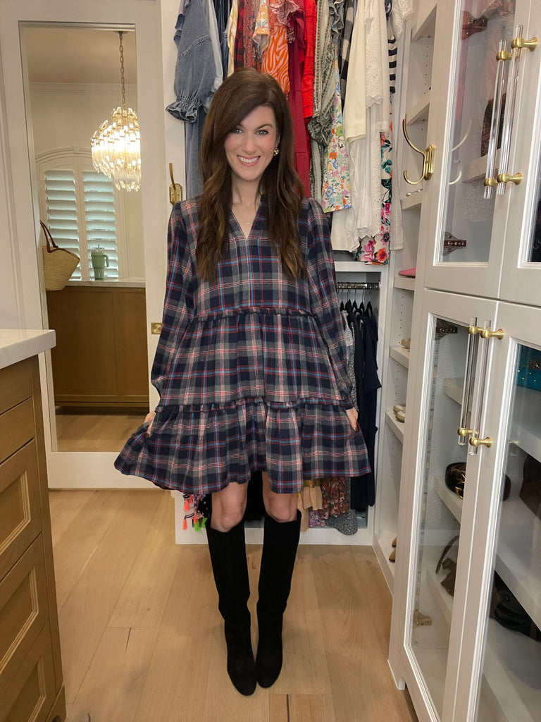 Warm Welcome Plaid Dress in Navy