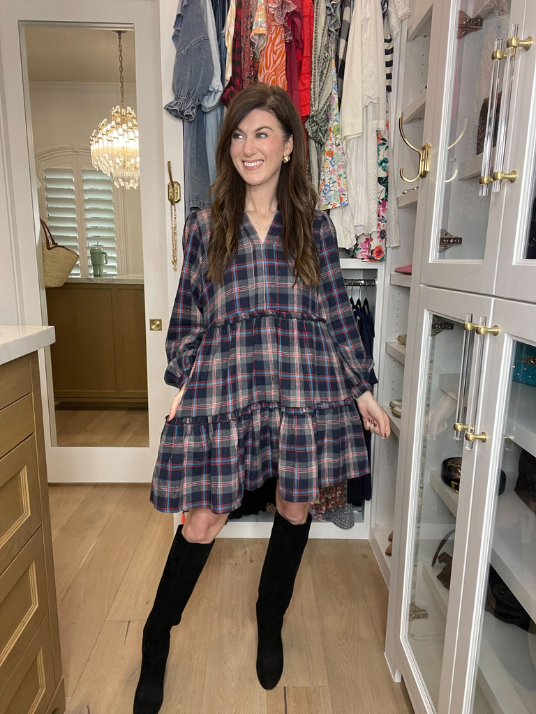 Warm Welcome Plaid Dress in Navy