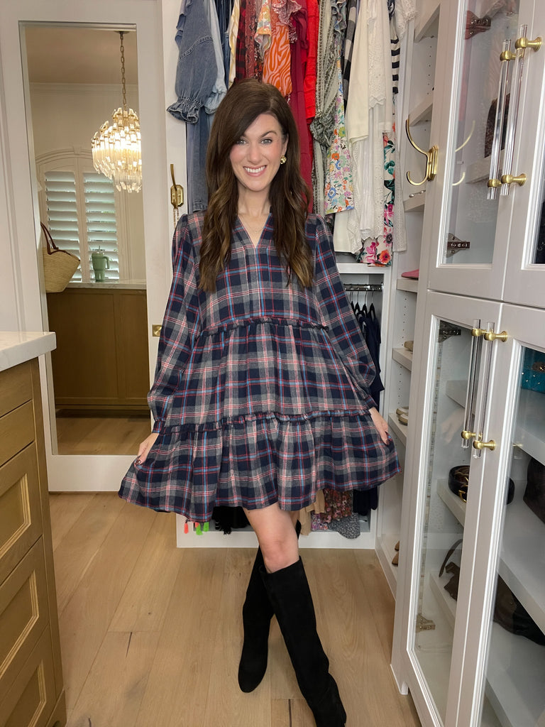 Warm Welcome Plaid Dress in Navy