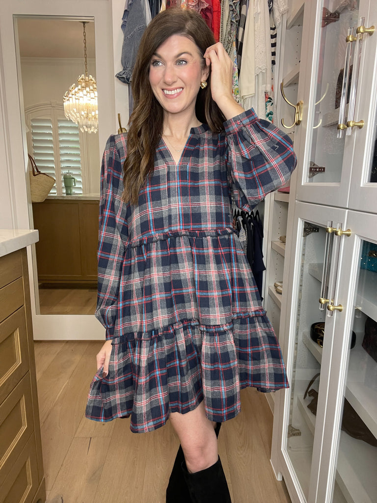 Warm Welcome Plaid Dress in Navy