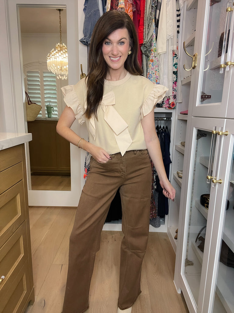 RFM Chloe High Rise Frayed Wide Leg Jeans in Coffee