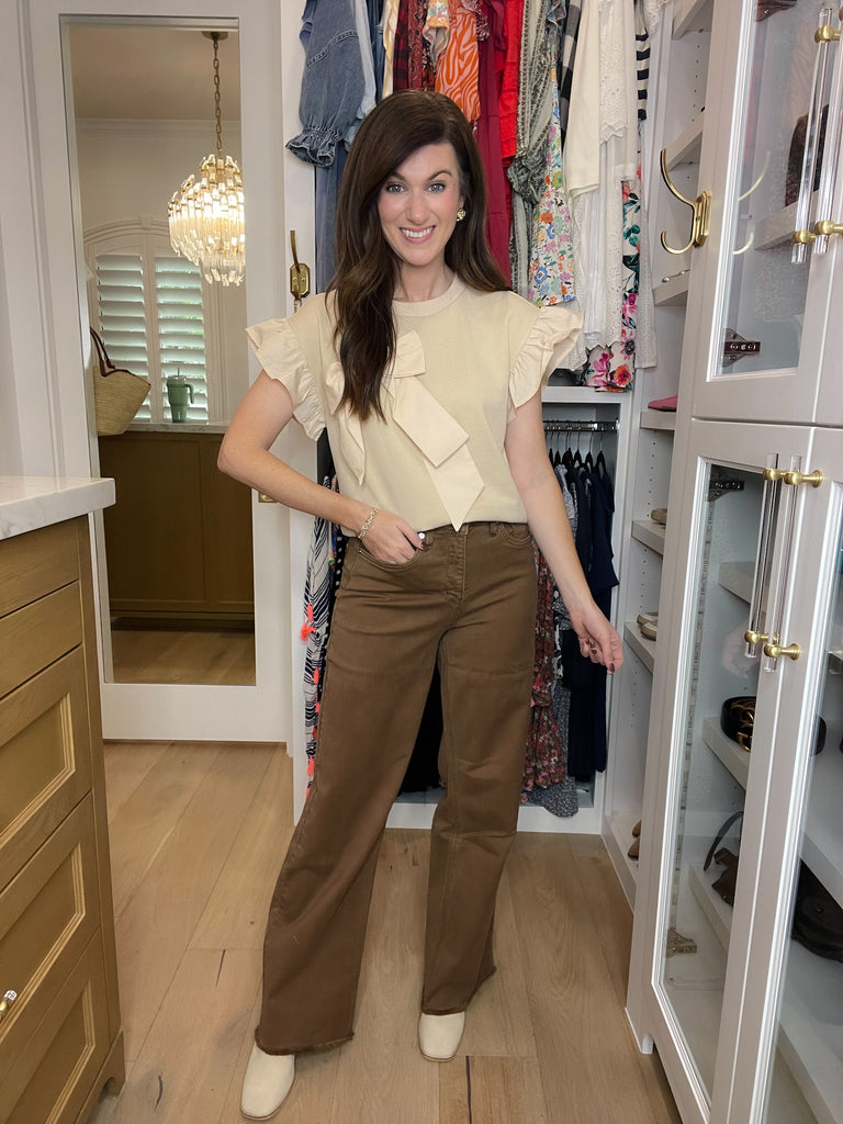 RFM Chloe High Rise Frayed Wide Leg Jeans in Coffee