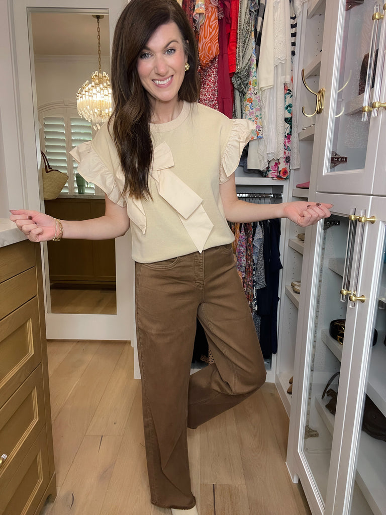 RFM Chloe High Rise Frayed Wide Leg Jeans in Coffee