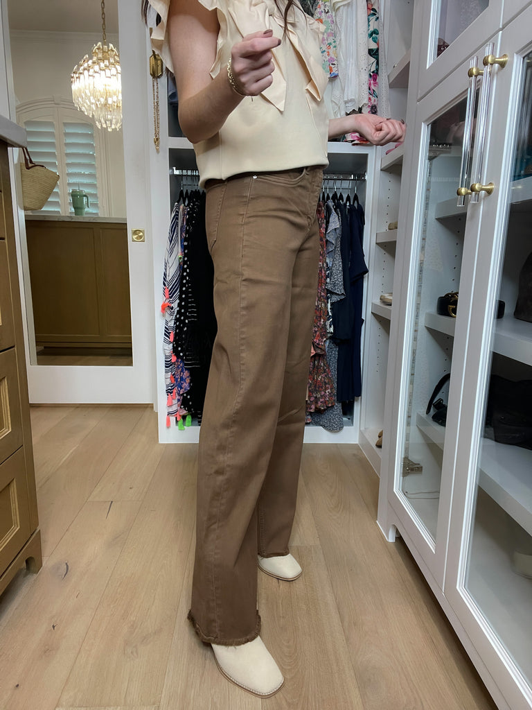 RFM Chloe High Rise Frayed Wide Leg Jeans in Coffee