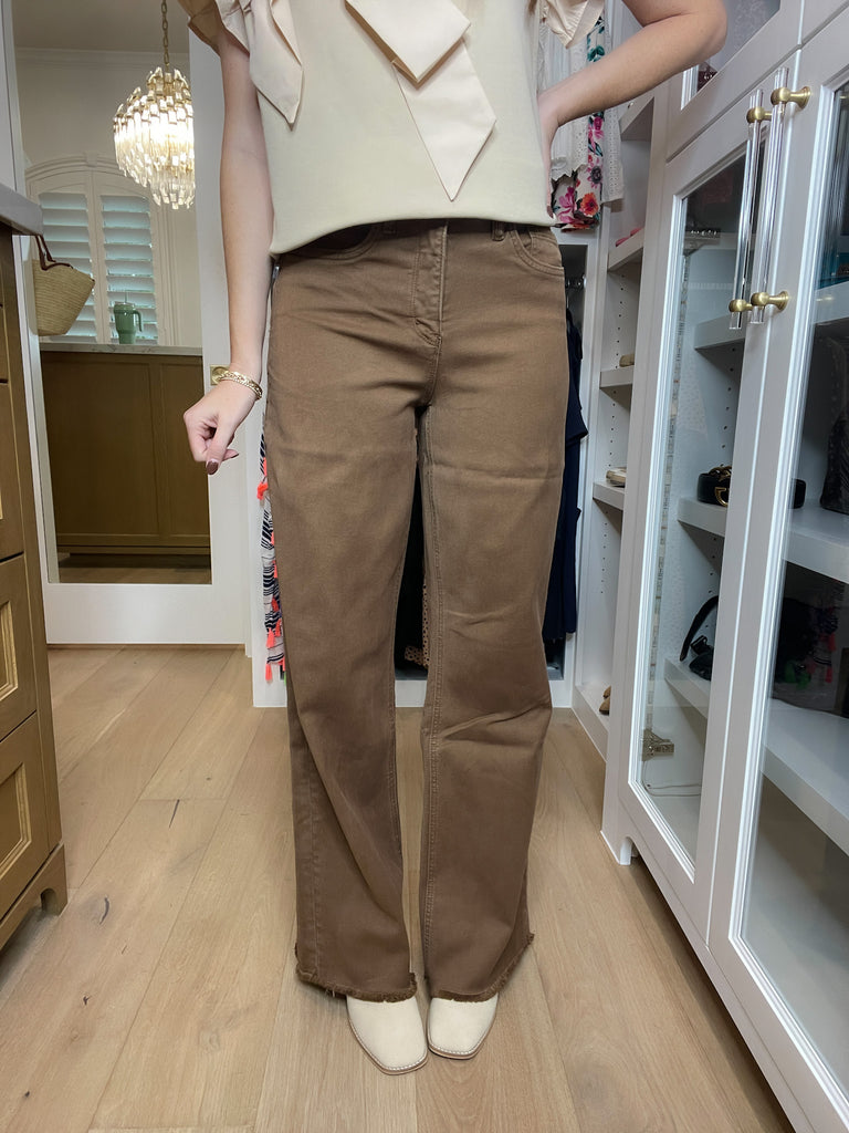 RFM Chloe High Rise Frayed Wide Leg Jeans in Coffee