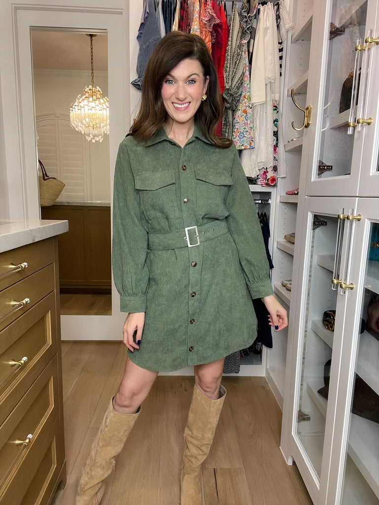 Happier Now Corduroy Dress in Olive