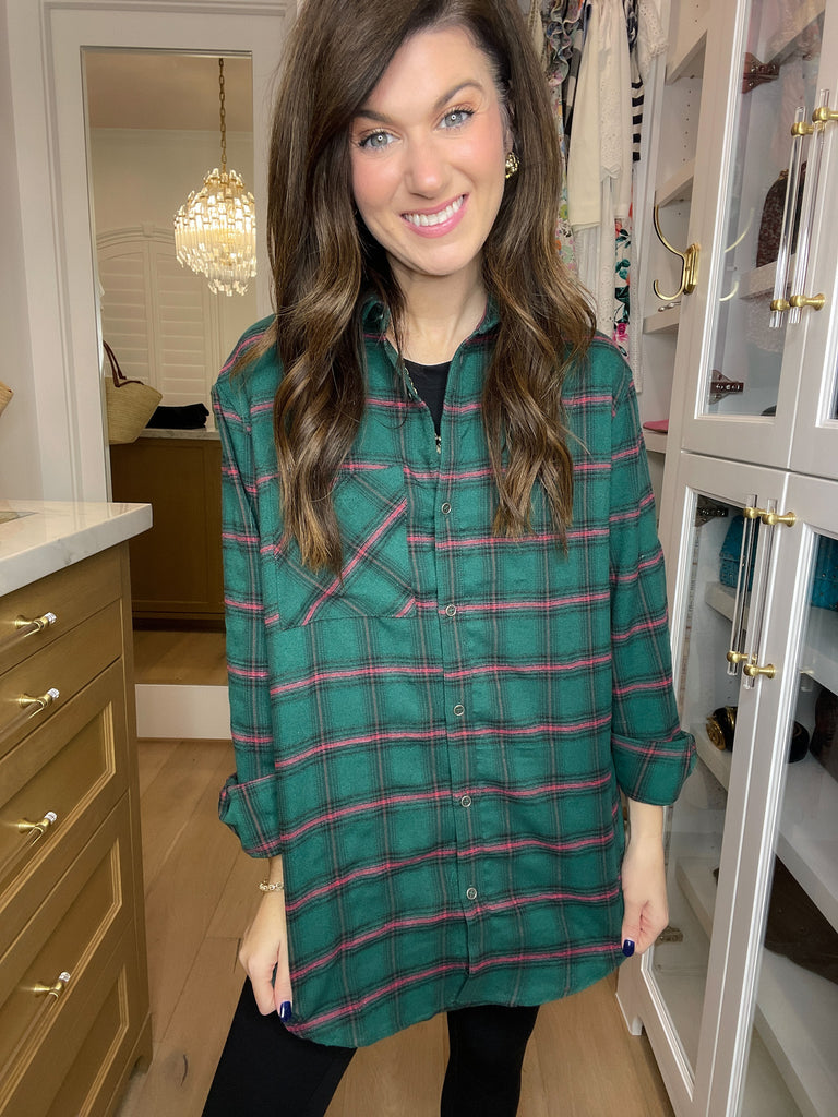 Coffee Run Plaid Button Down in Hunter