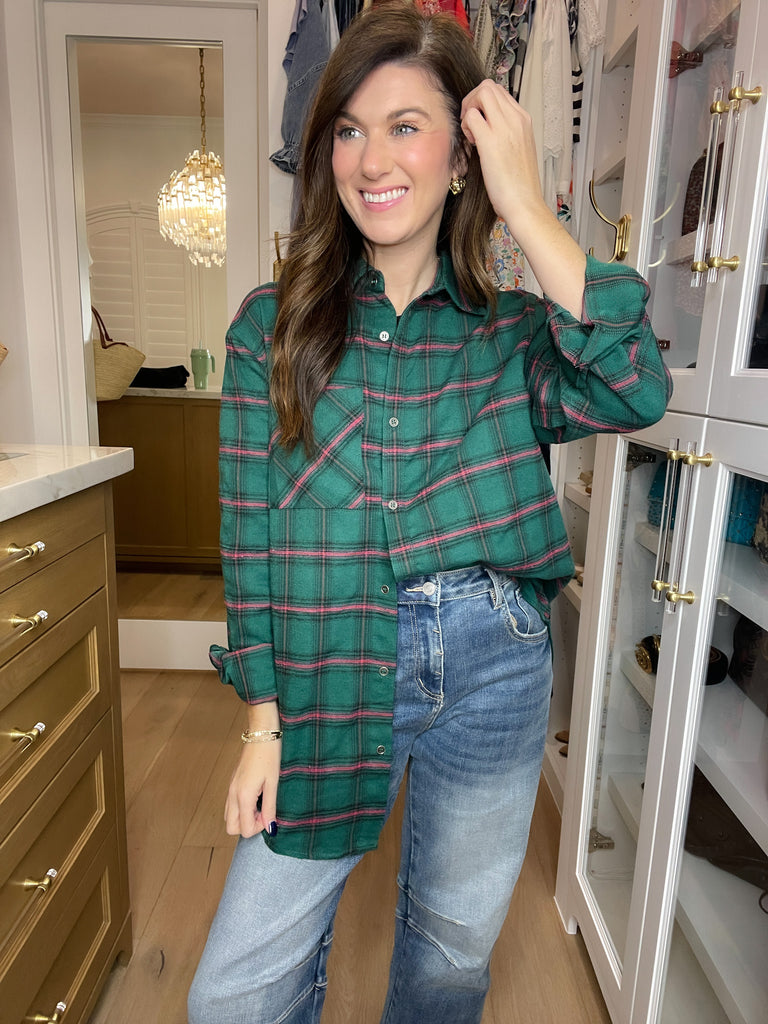 Coffee Run Plaid Button Down in Hunter