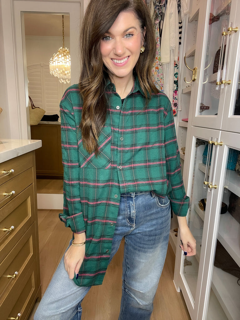 Coffee Run Plaid Button Down in Hunter