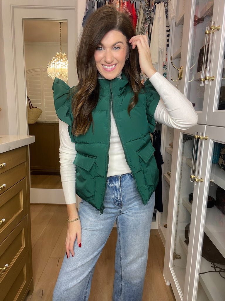 Parker Ruffle Shoulder Vest in Hunter