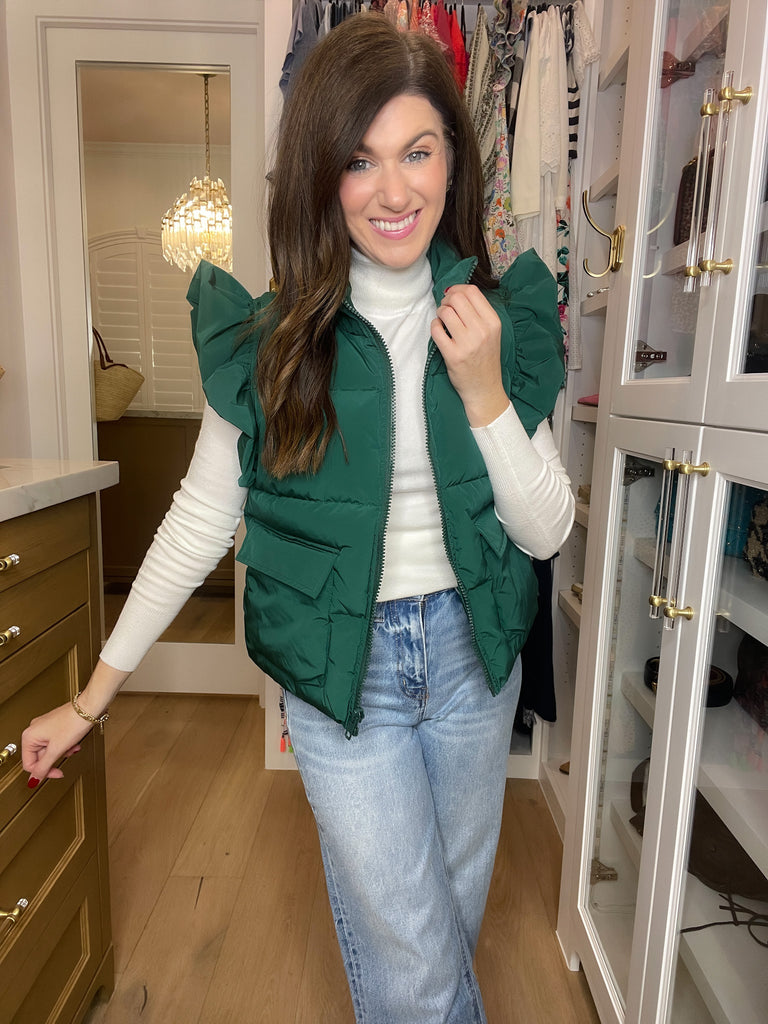 Parker Ruffle Shoulder Vest in Hunter