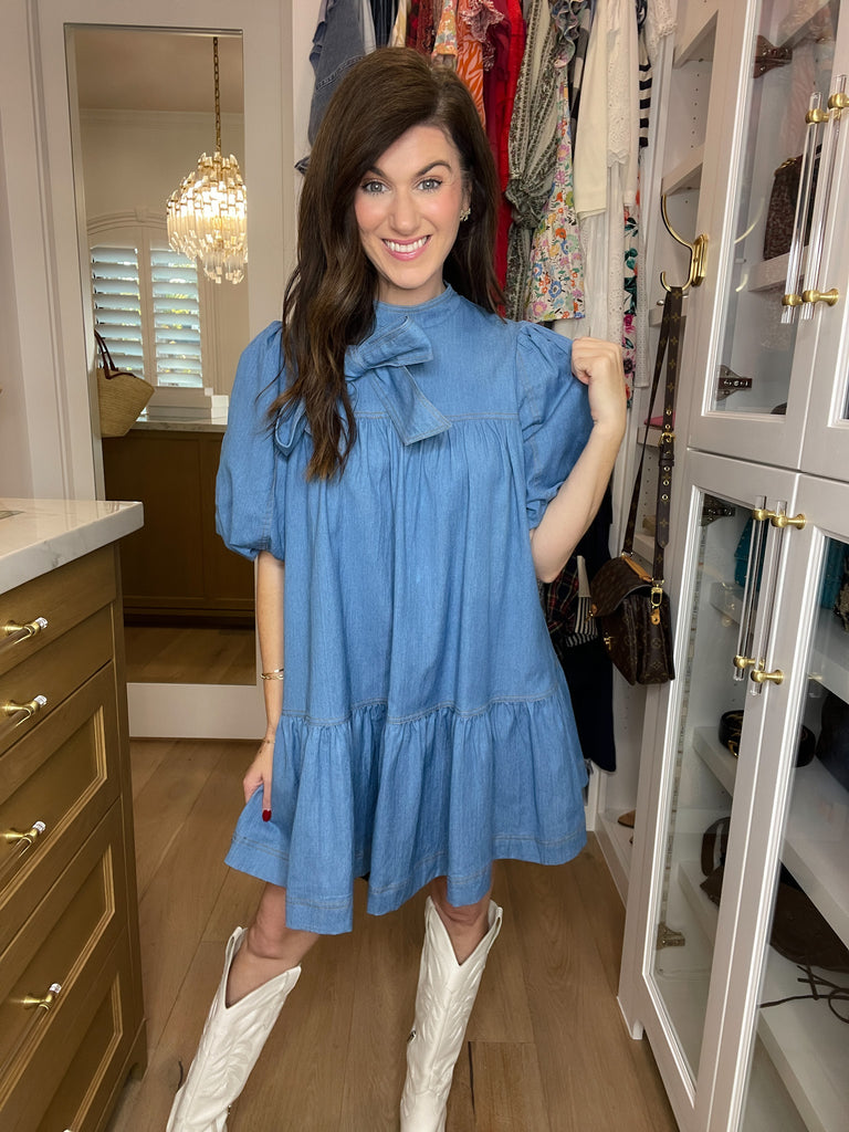 Denim Darling Bow Dress in Light Denim