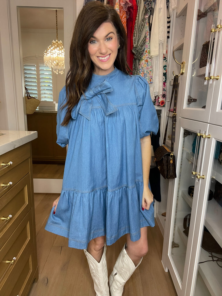 Denim Darling Bow Dress in Light Denim