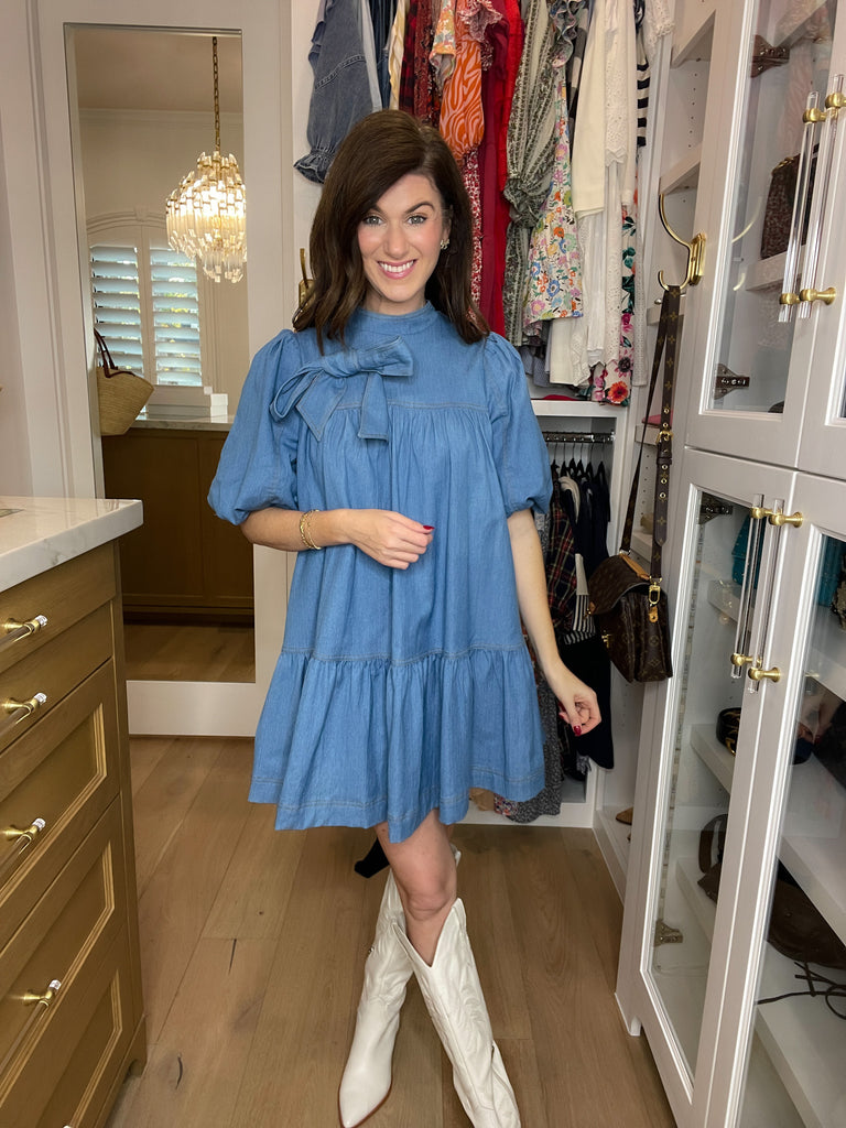 Denim Darling Bow Dress in Light Denim
