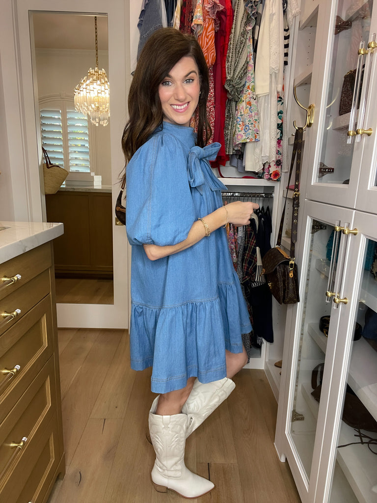 Denim Darling Bow Dress in Light Denim