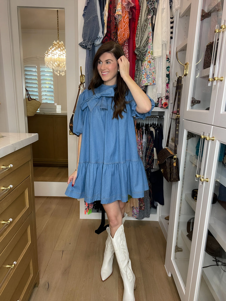 Denim Darling Bow Dress in Light Denim