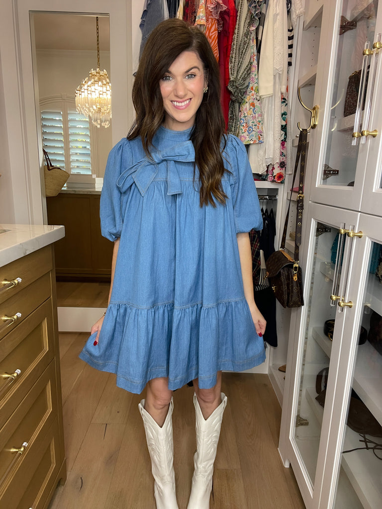 Denim Darling Bow Dress in Light Denim