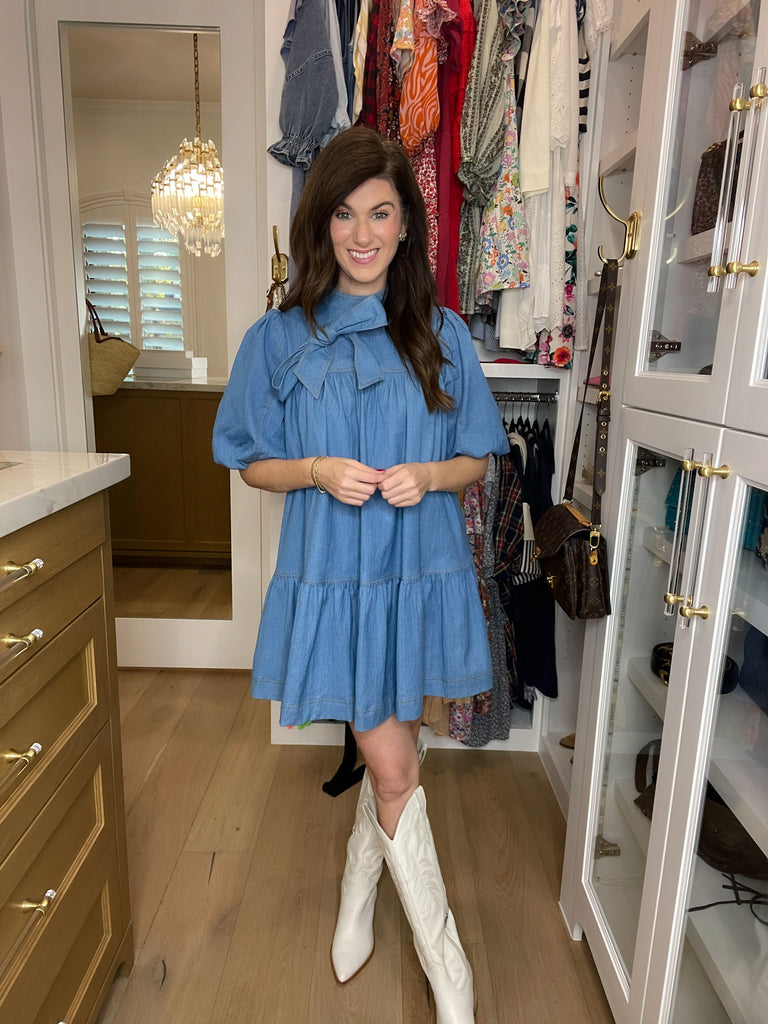 Denim Darling Bow Dress in Light Denim