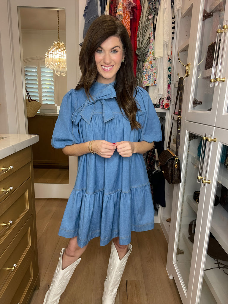 Denim Darling Bow Dress in Light Denim