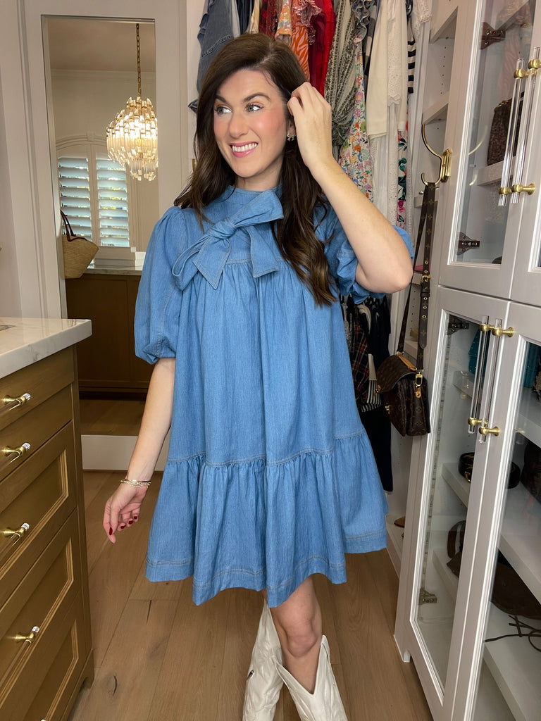 Denim Darling Bow Dress in Light Denim