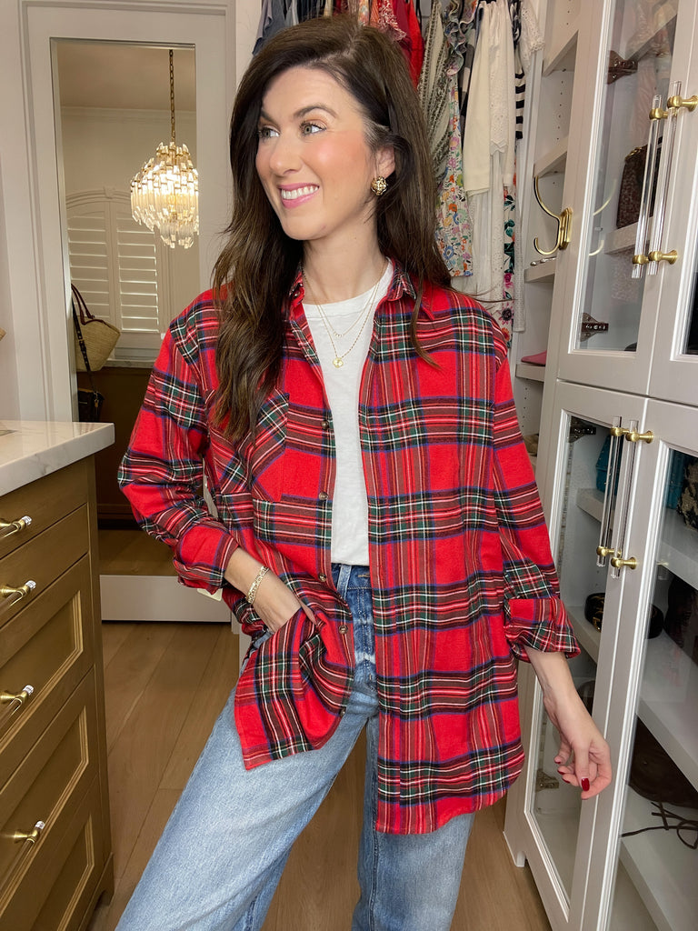Avril Navy Plaid Button Down in Red