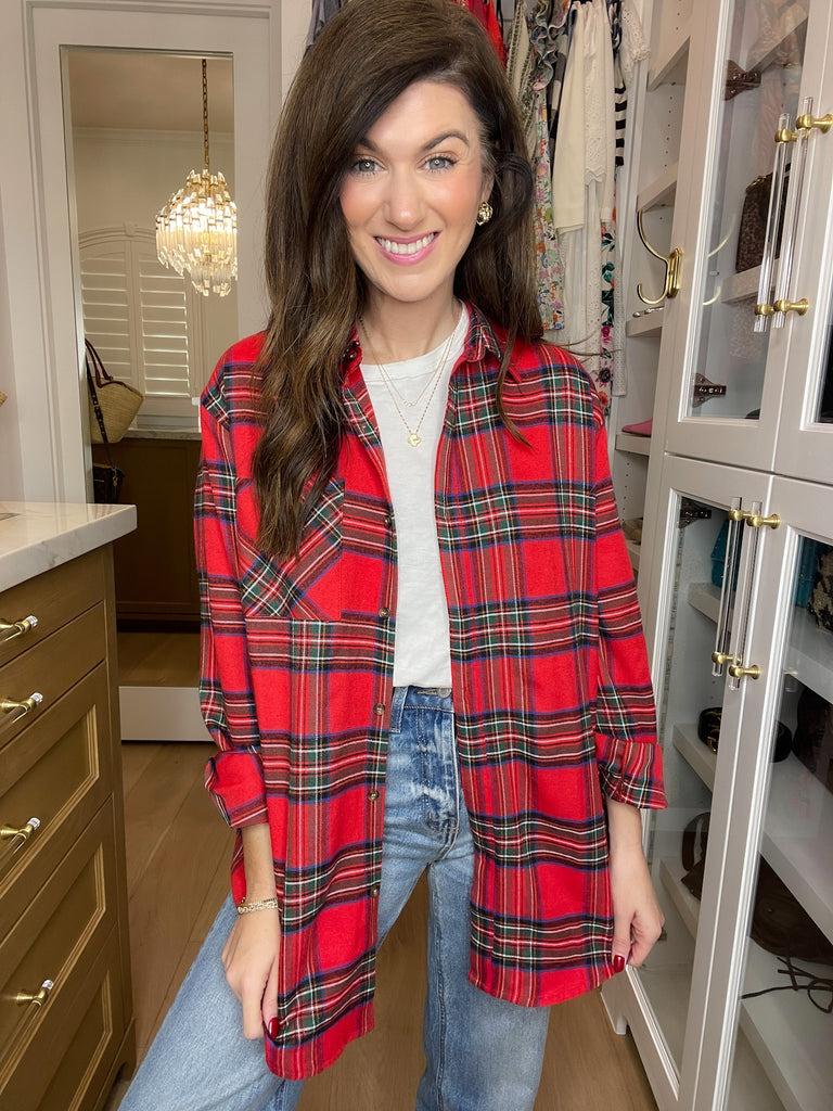 Avril Navy Plaid Button Down in Red