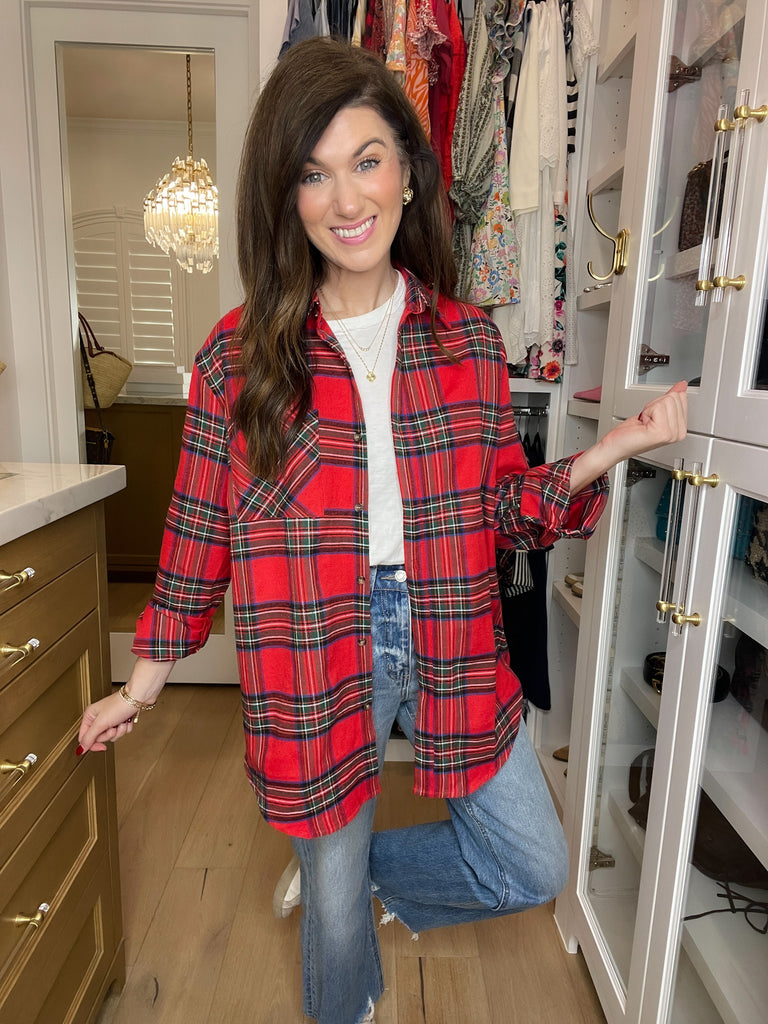 Avril Navy Plaid Button Down in Red