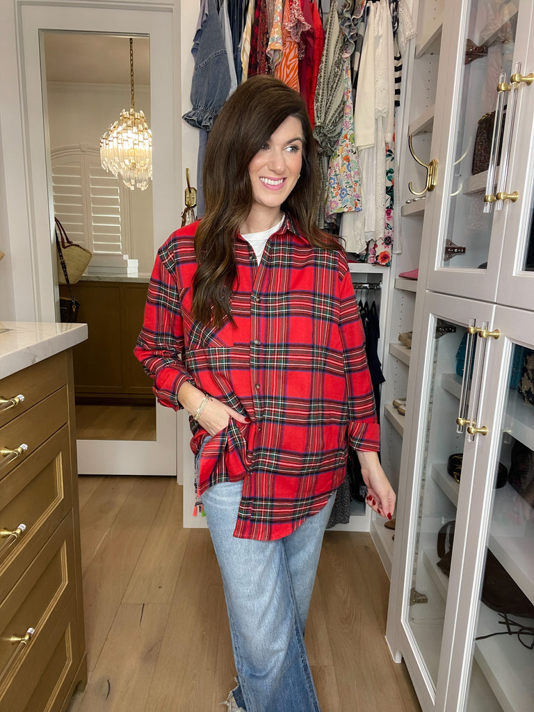 Avril Navy Plaid Button Down in Red