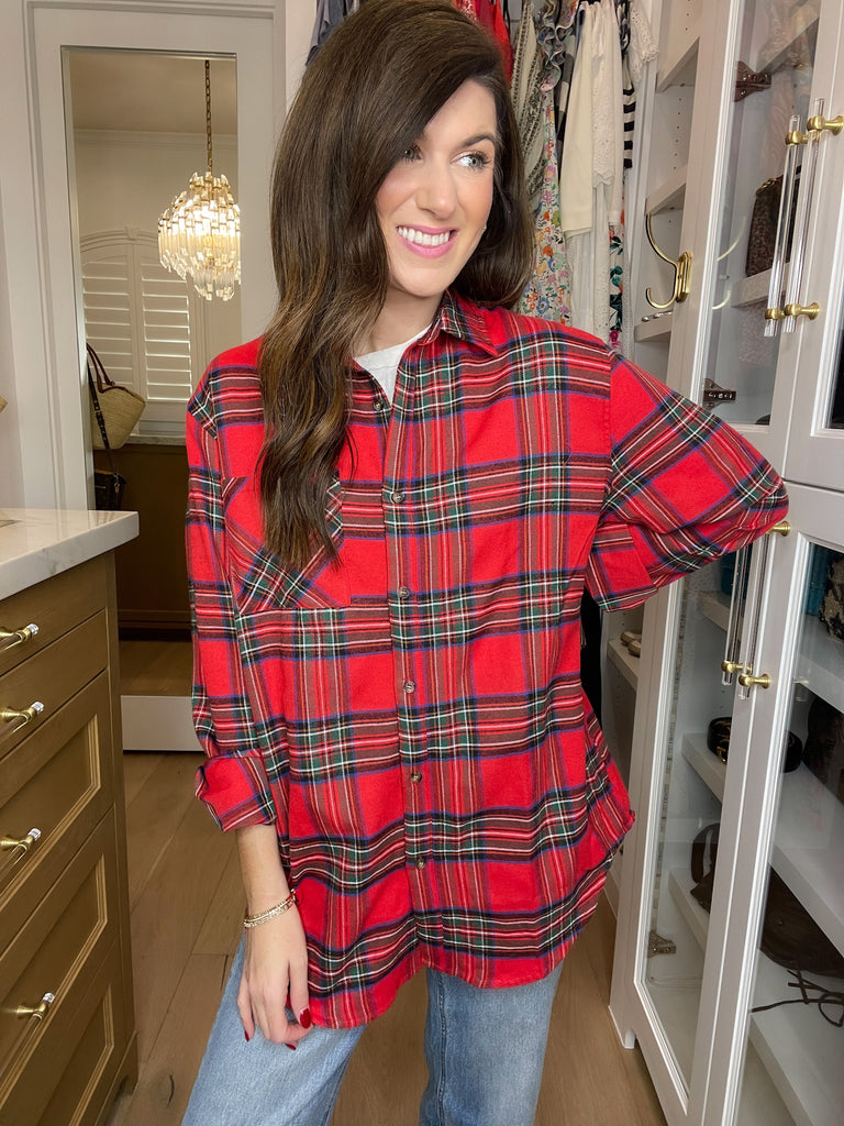 Avril Navy Plaid Button Down in Red