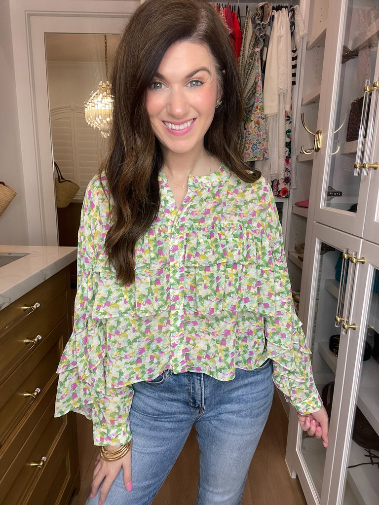 The Kaleidoscope Ruffle Top in Green