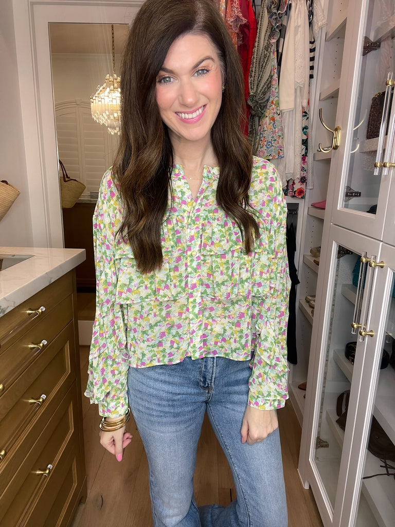 The Kaleidoscope Ruffle Top in Green