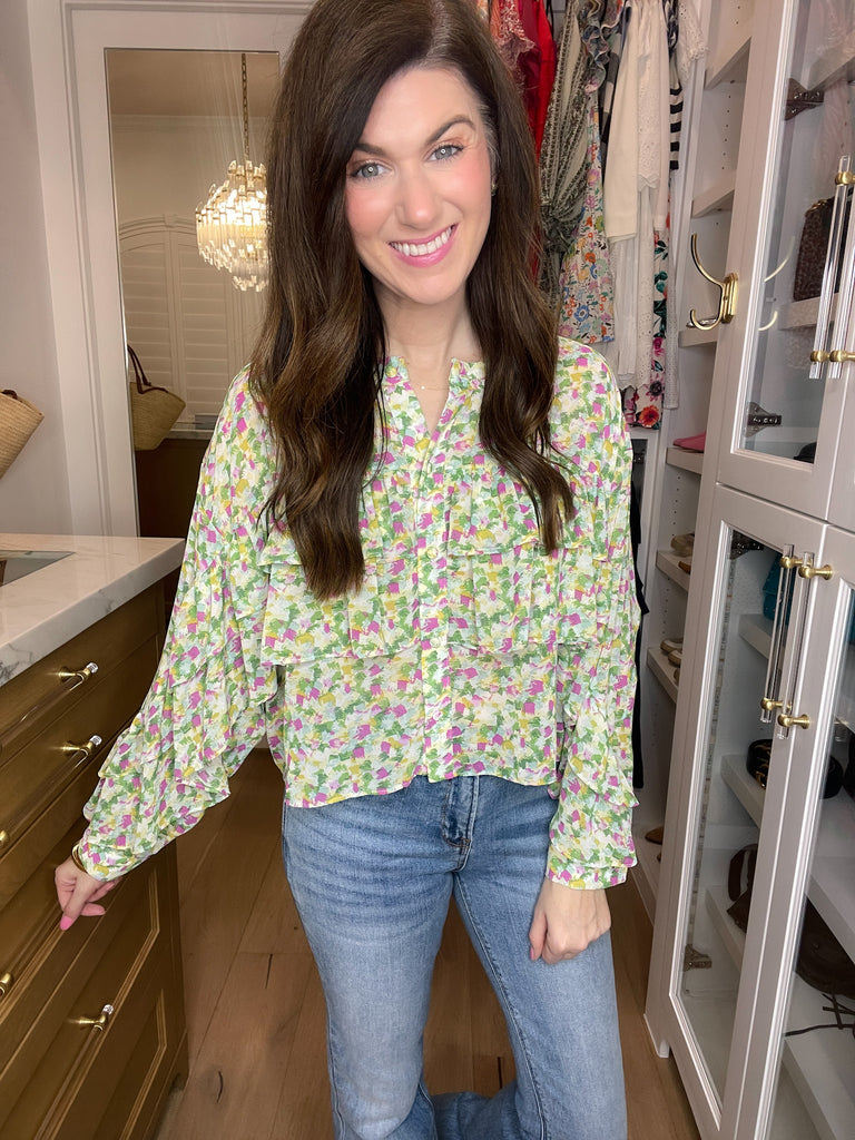 The Kaleidoscope Ruffle Top in Green